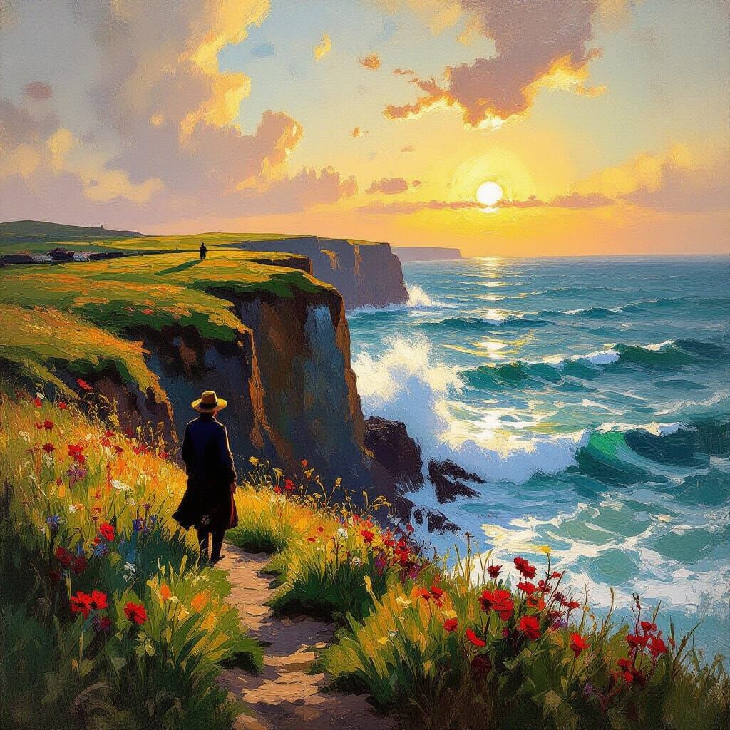 Impasto Oil Painting of Lone Figure Overlooking Raging Sea