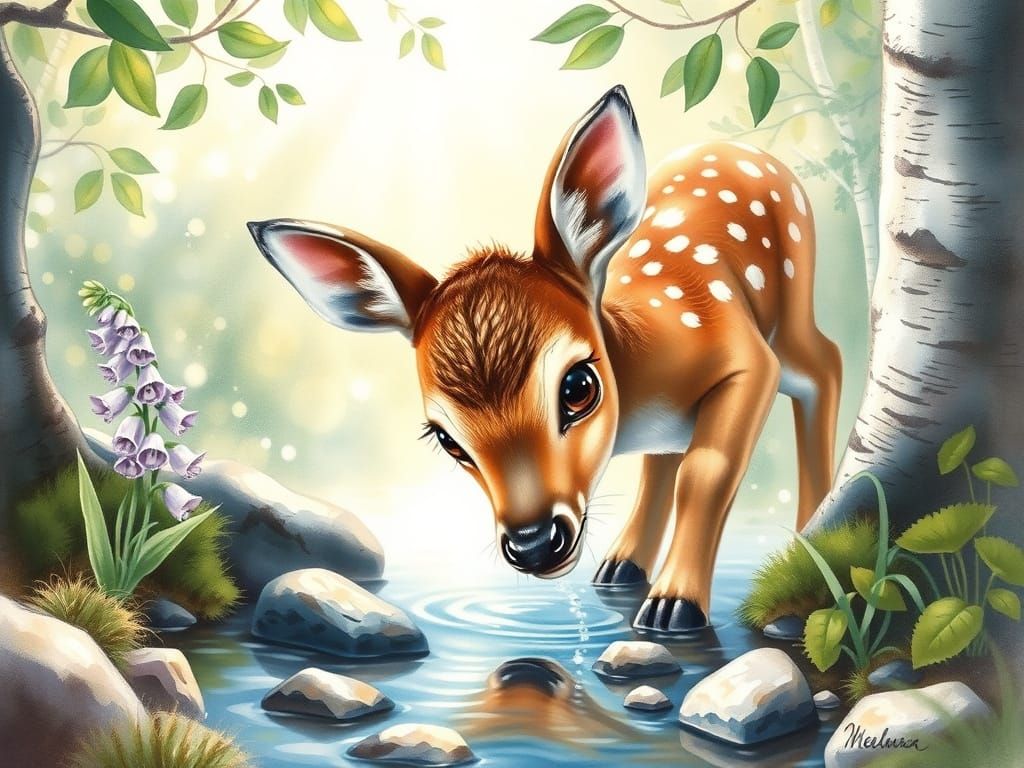 Baby Deer by Crystal Stream in Whimsical Storybook Style