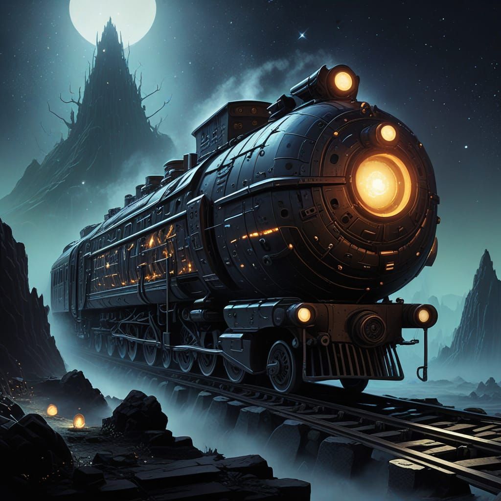 Obsidian Train with Bioluminescent Fungi in Cosmic Void
