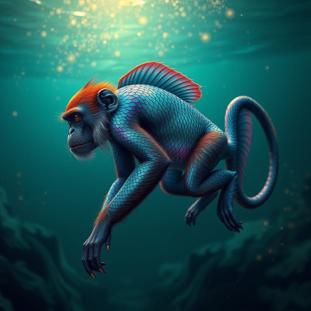Exquisite Iridescent Monkey-Fish Hybrid in Matte Painting St...