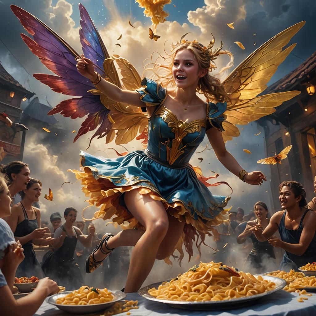 Fairy Wrestles Waitress on Pasta Stage: Hyperrealistic Oil