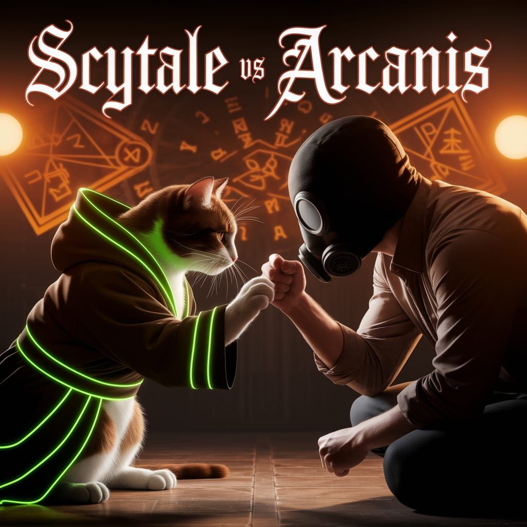 Cat in Neon Robe Confronts Gas Masked Warrior in Ancient Sym...