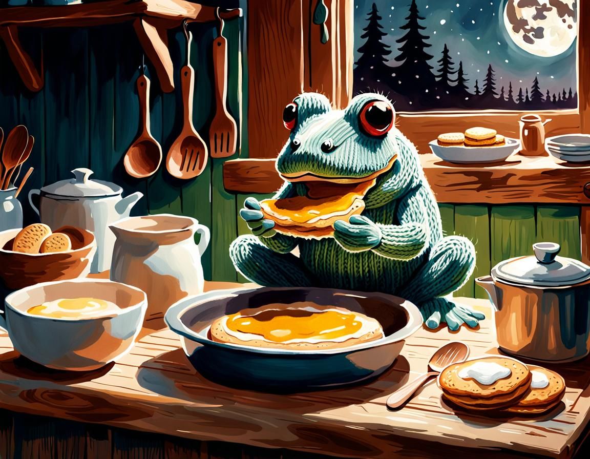 Knitted Frog Bakes Cake: Gouache Illustration