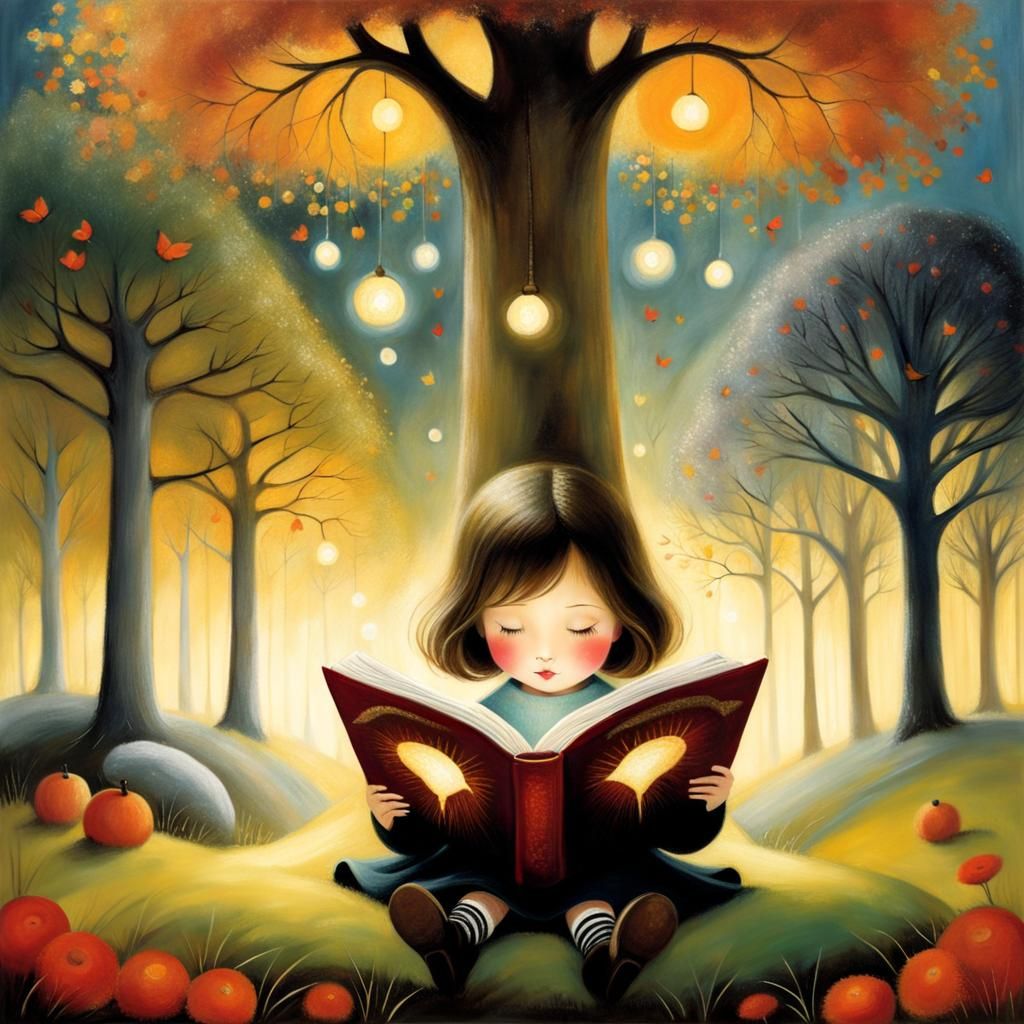Enchanting Girl Reading Book in Illustrative Style