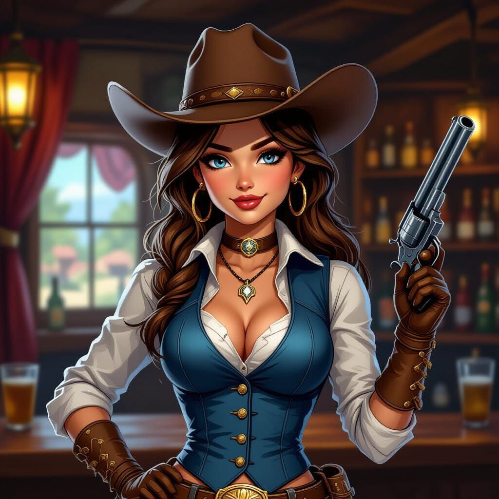 Fantasy Cowboy Girl Shooting Gun in Bar
