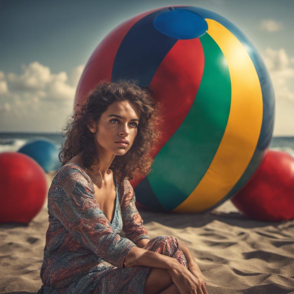 Hyperrealistic Portrait of Lady with Beach Ball