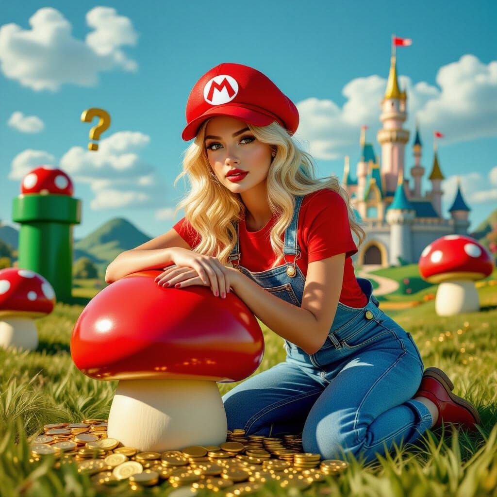 Cosplayer in Mario-Inspired Outfit in Dreamy Landscape