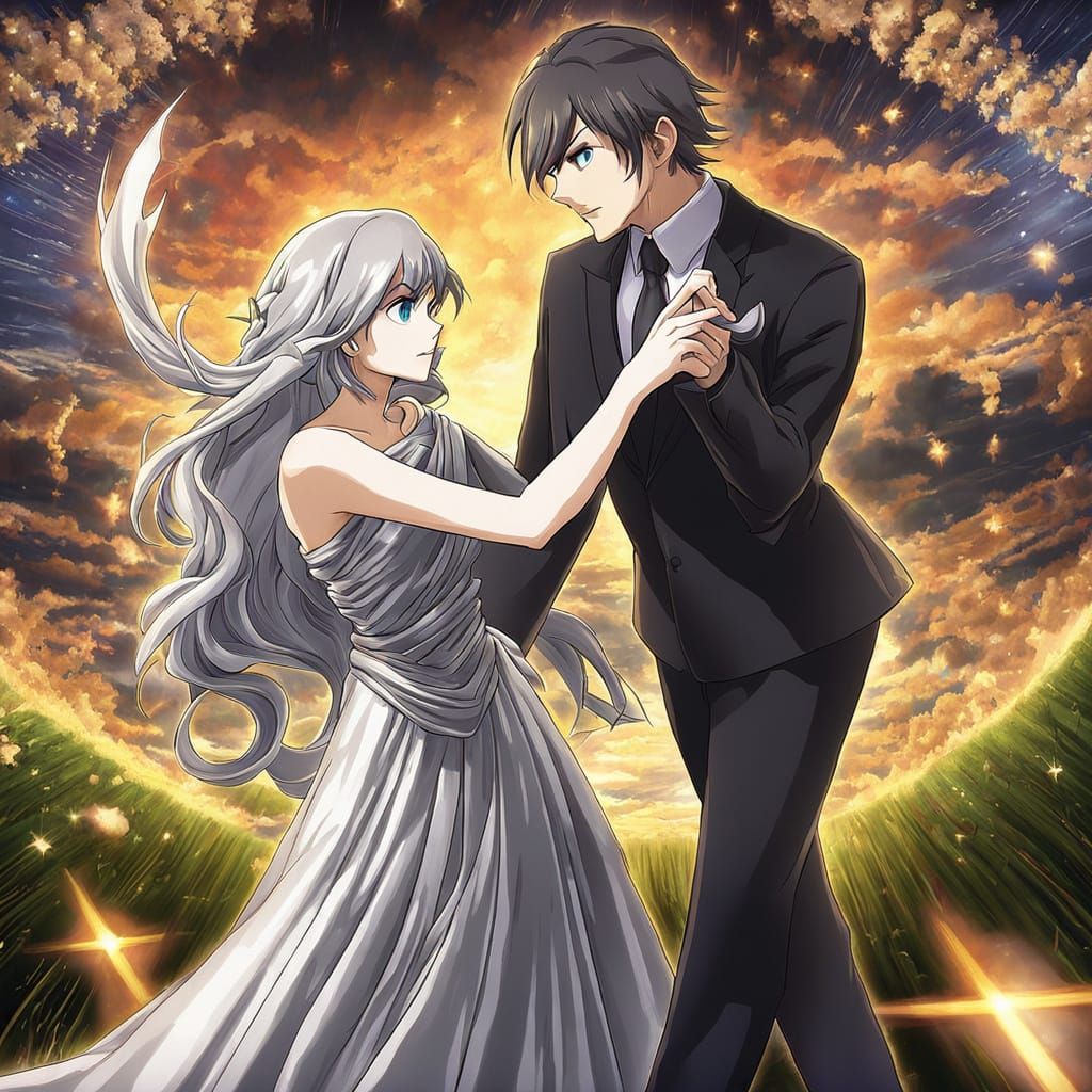 Dark-Haired Boy Dancing with Silver-Haired Girl in Elegant S...