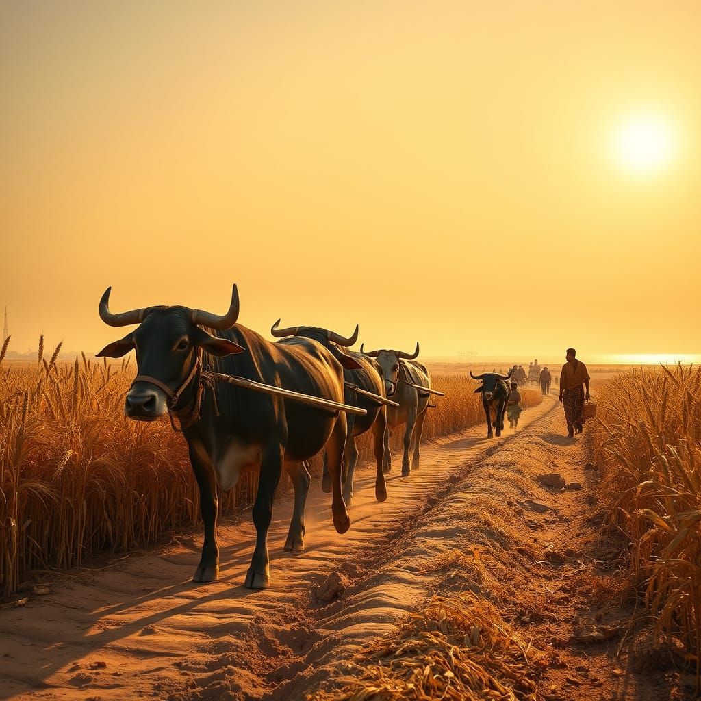 Egyptian Farmers Harvest Wheat by Nile in Golden Hour
