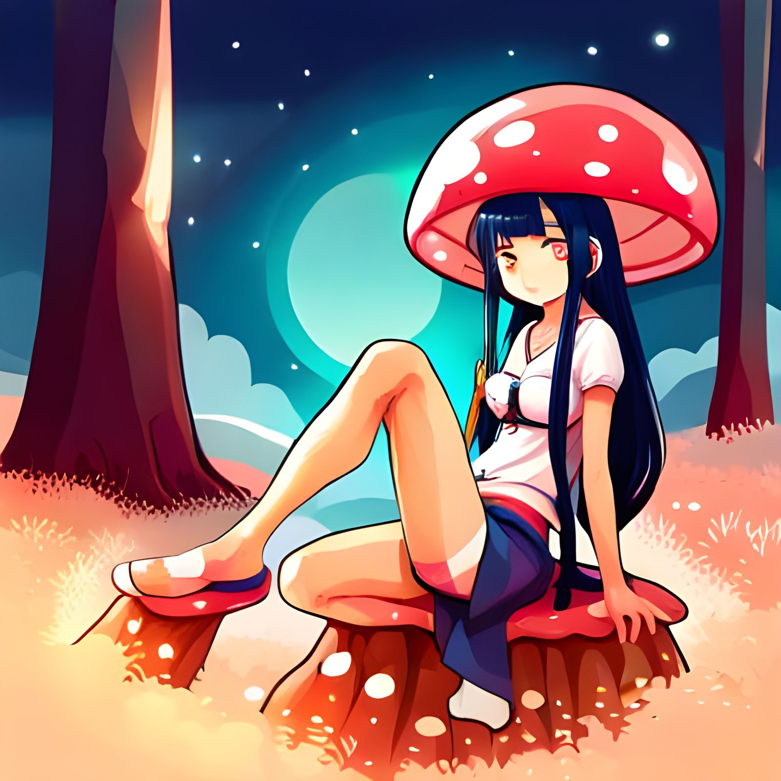 Enchanted Girl Basks on Mystical Mushroom Throne