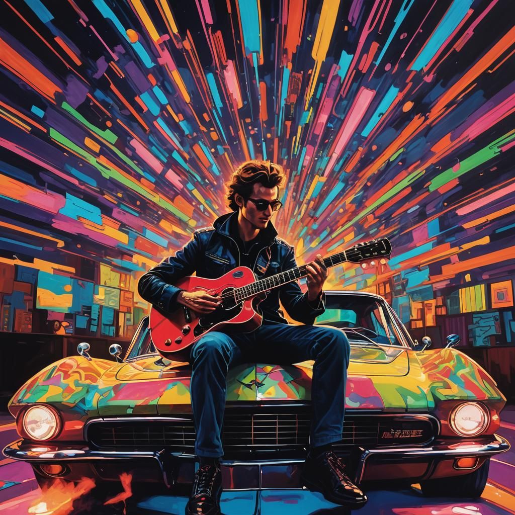 Guitarist on Car in Surreal Pop Art Style