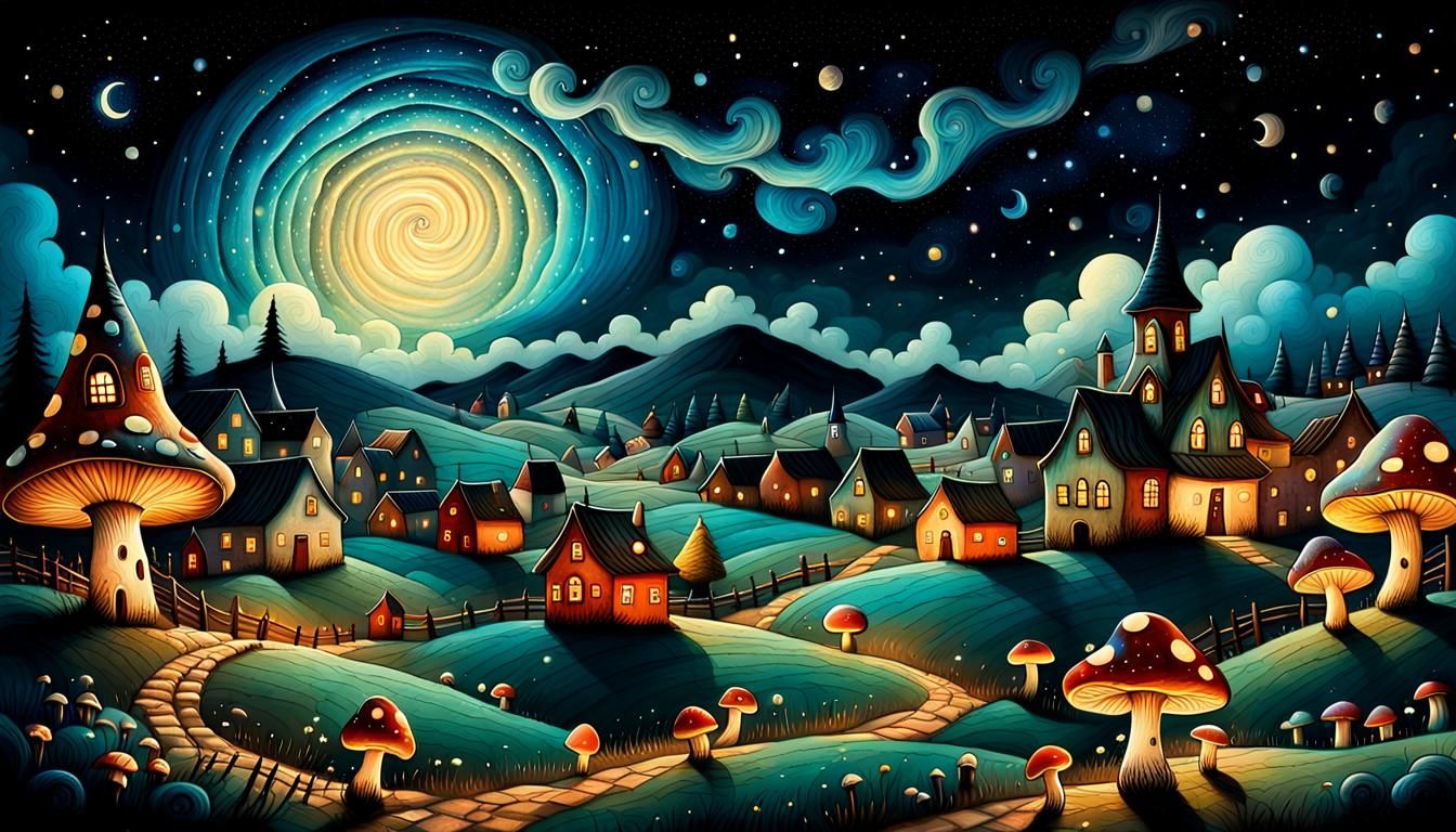 Magical Night Village in Folk Art Style
