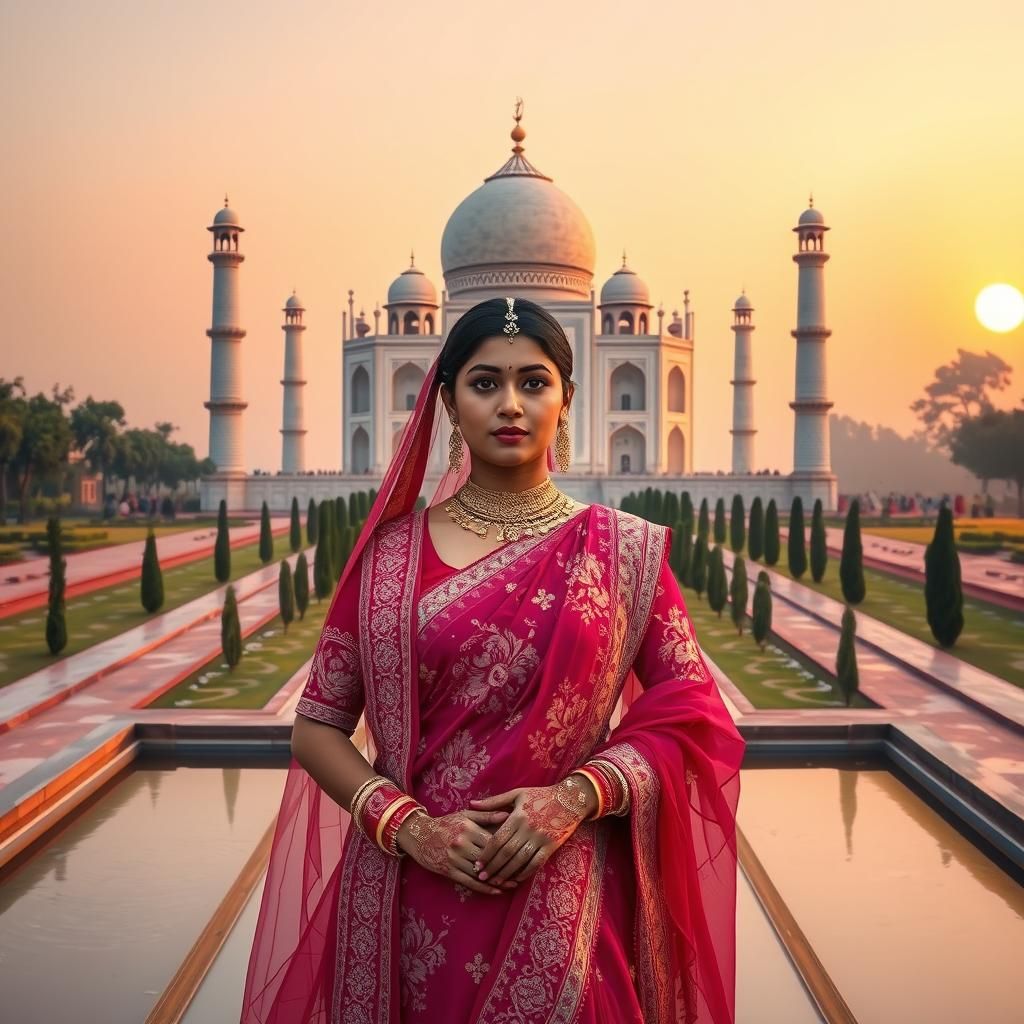 Indian Woman in Traditional Dress at Taj Mahal