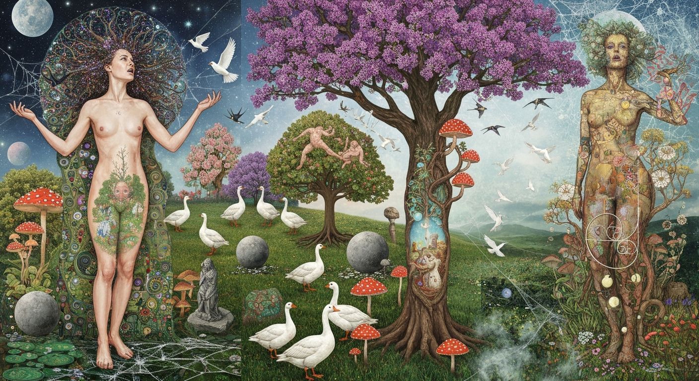 Goddess of Life Captures Sun and Moon in Surreal Landscape