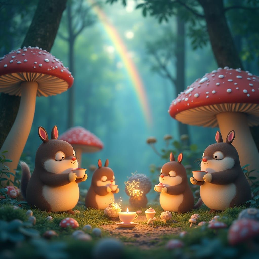 Whimsical Mushroom Forest Tea Party with Anthropomorphic Ani...