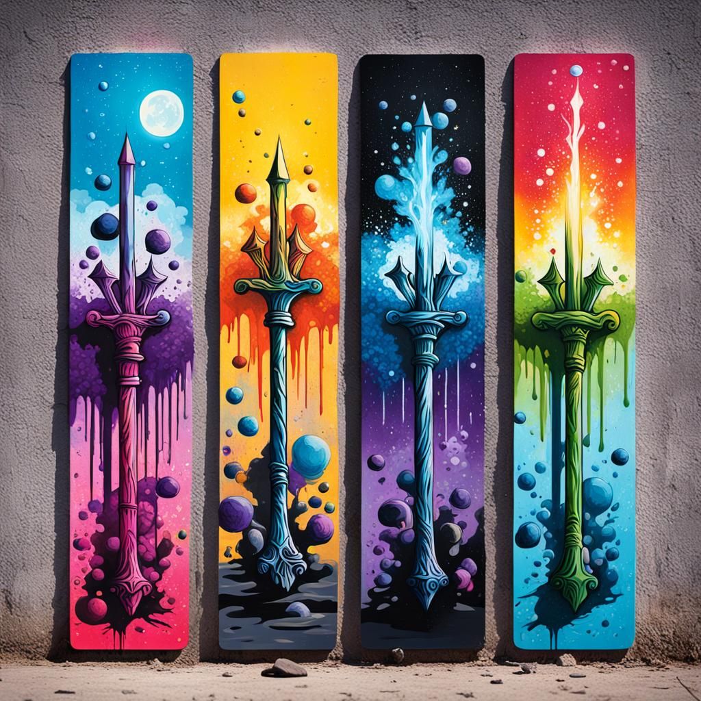 4 magical wands tarot card graffiti art, splash art, street art, spray paint, oil gouache melting, acrylic, high contras...