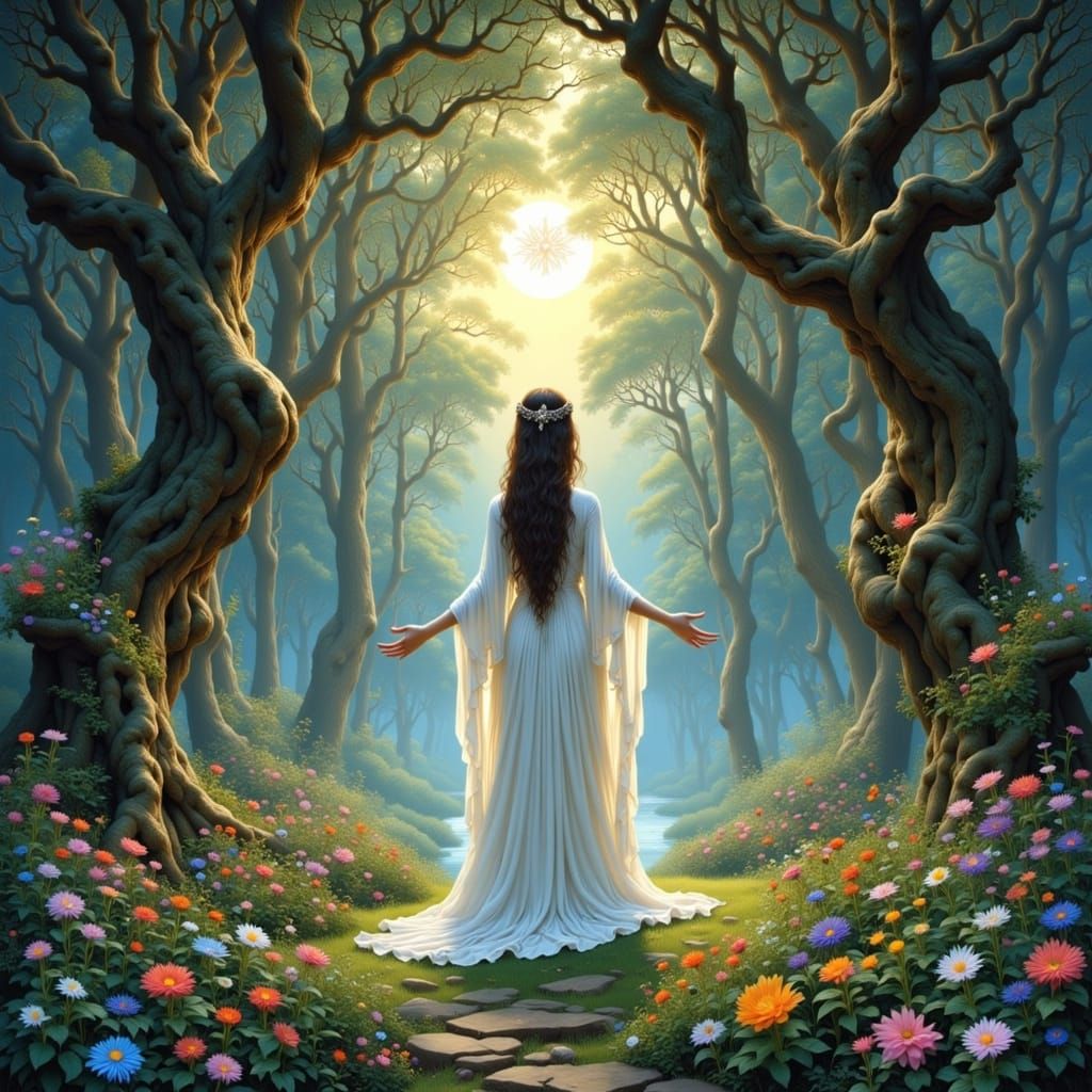 Mystical Druidess in Dark Fantasy Landscape