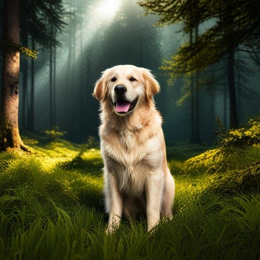 Smiling Golden Retriever in Detailed Forest