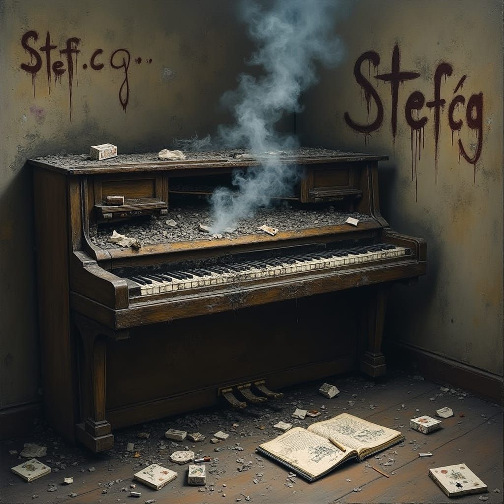 Basquiat-Style Broken Piano with Cigarette