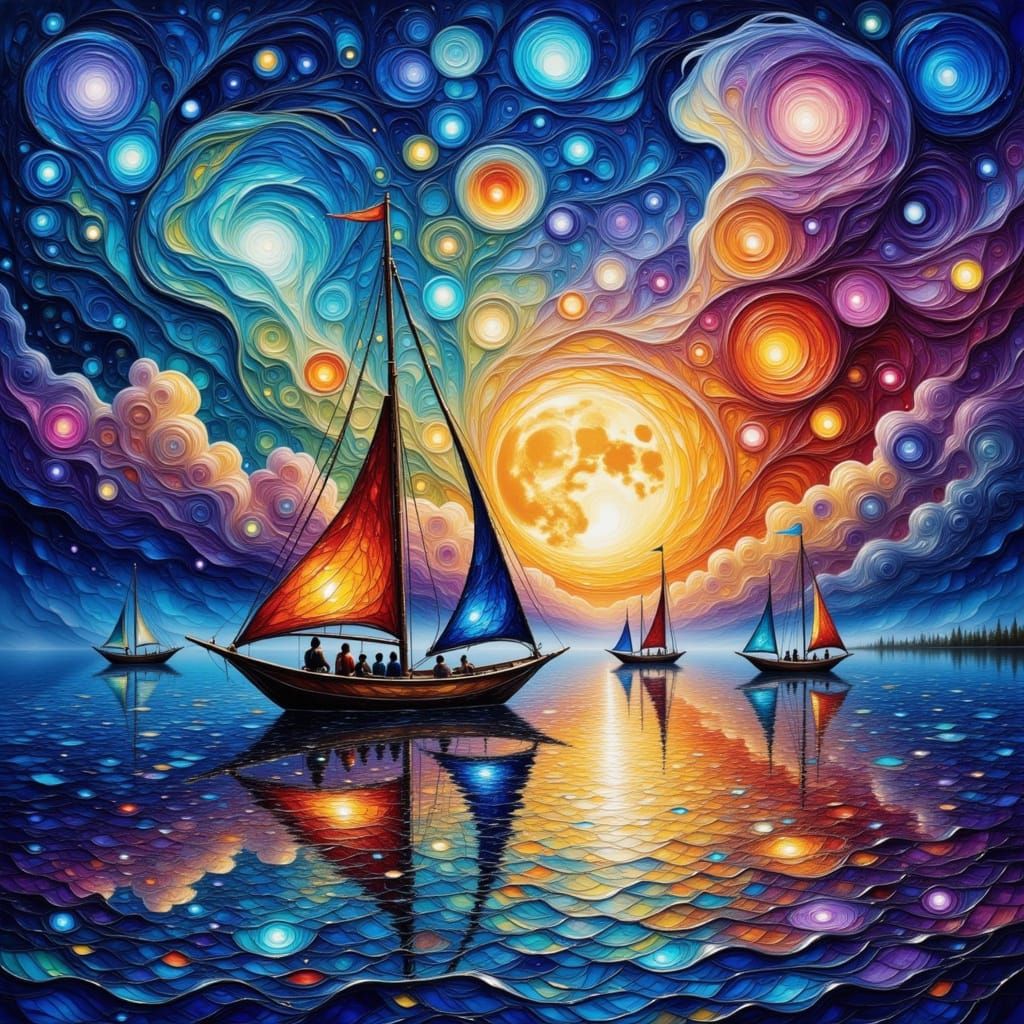 Abstract Sailing Boats on Lake with Geometric Clouds