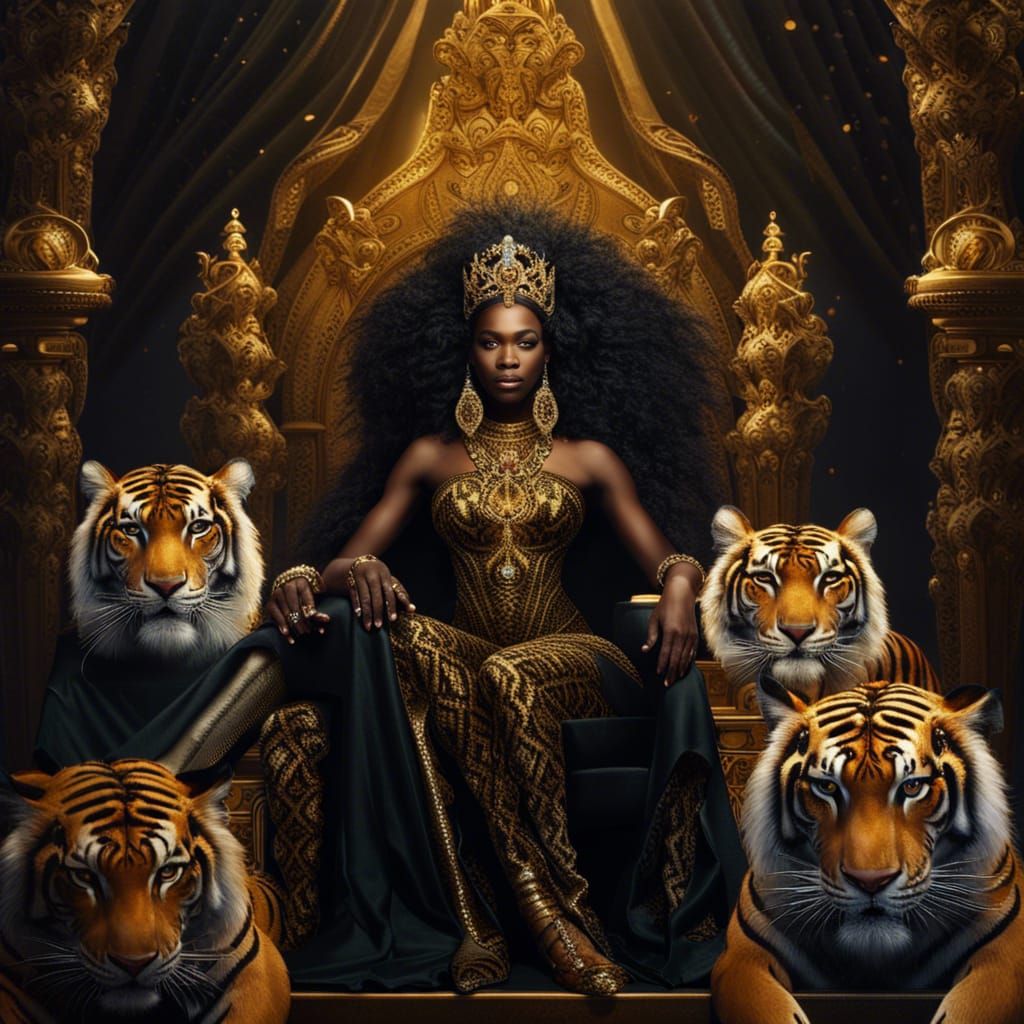 Powerful Black Queen on Throne with Tigers