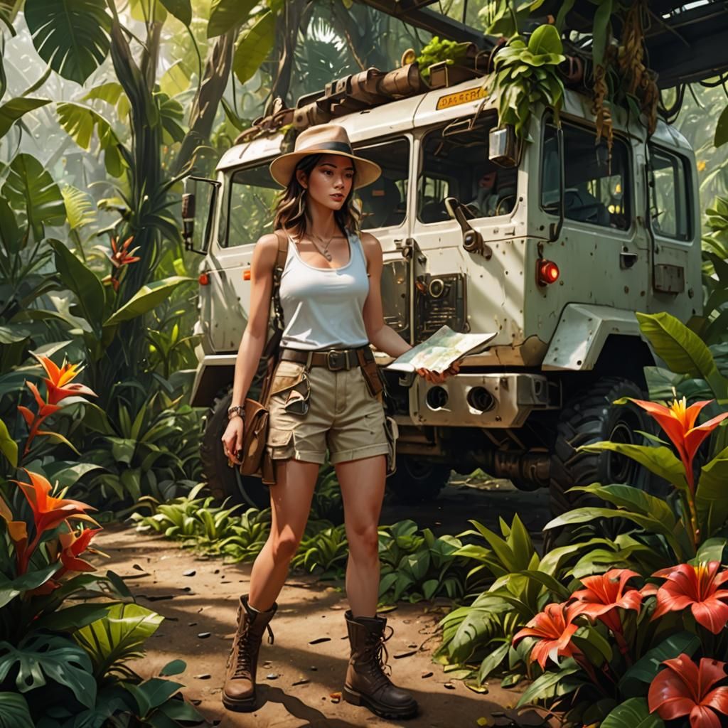 Jungle Explorer Encountering AI Robots: Hyper-Realistic Art
