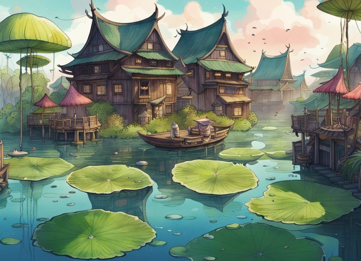 Fantasy Asian Fishing Village on Lily Pads, Anime Watercolor