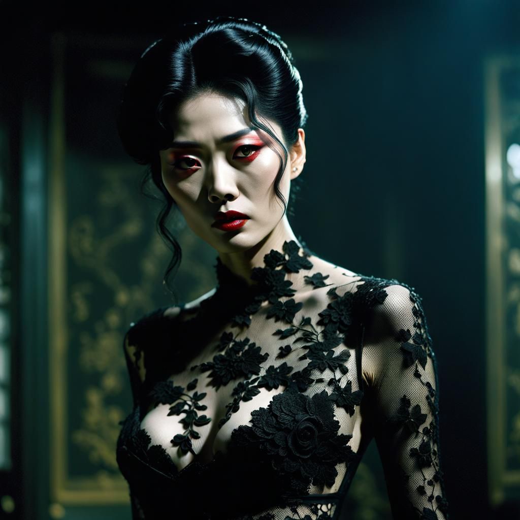 Caviar Black Model in Dark Sage Lace