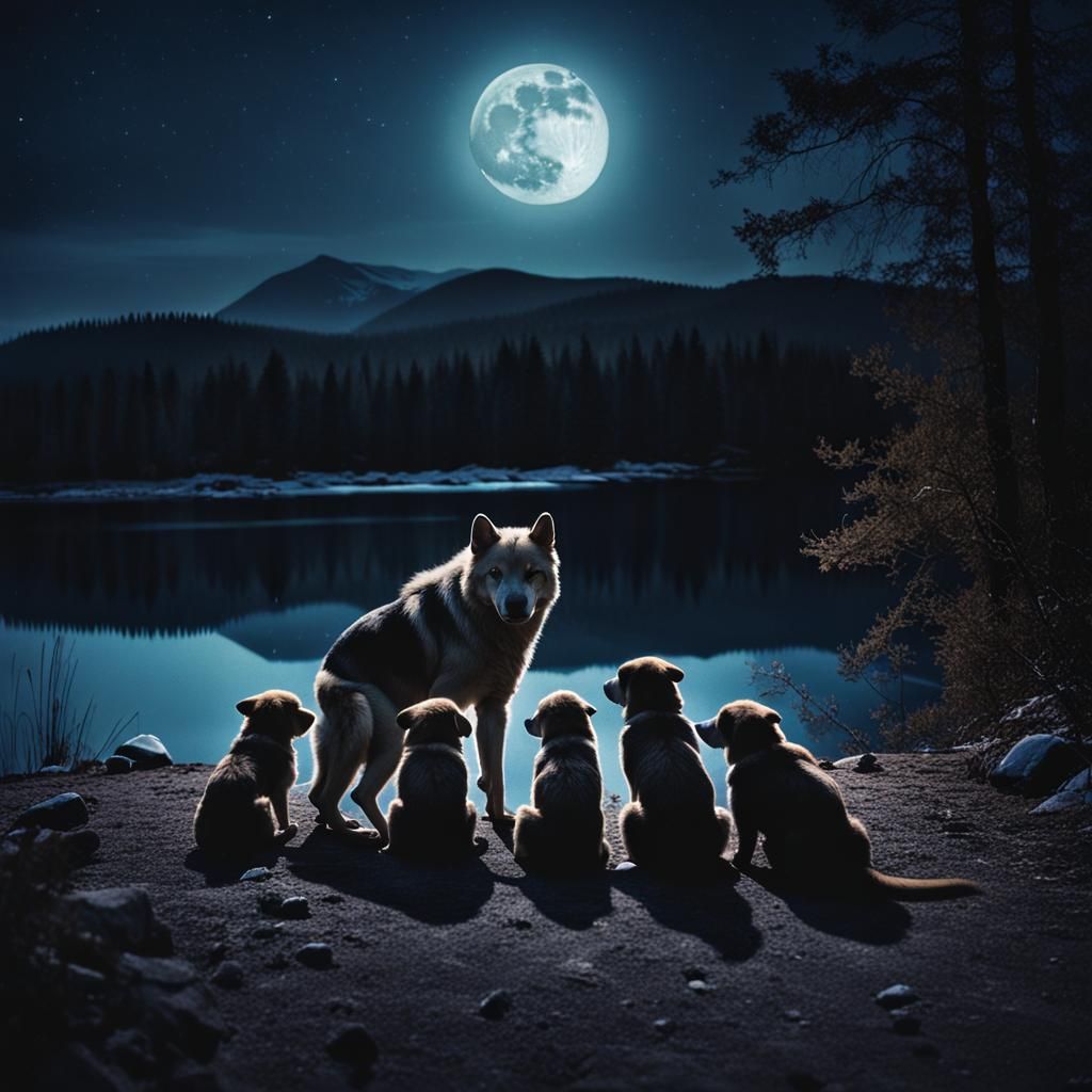 Wolf Mother and Pups Under Moonlight: Cinematic Still