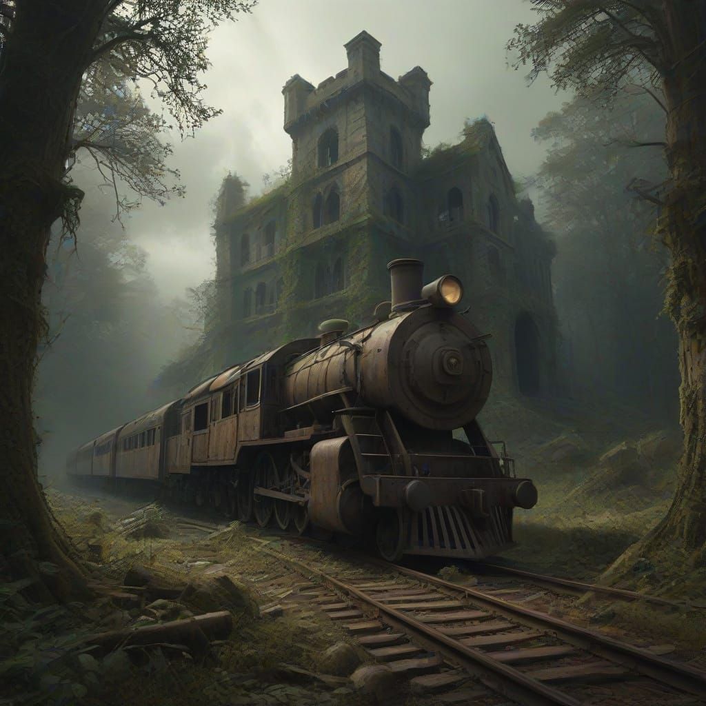 Ancient Castle Reclaimed by Nature Under Nebula Sky