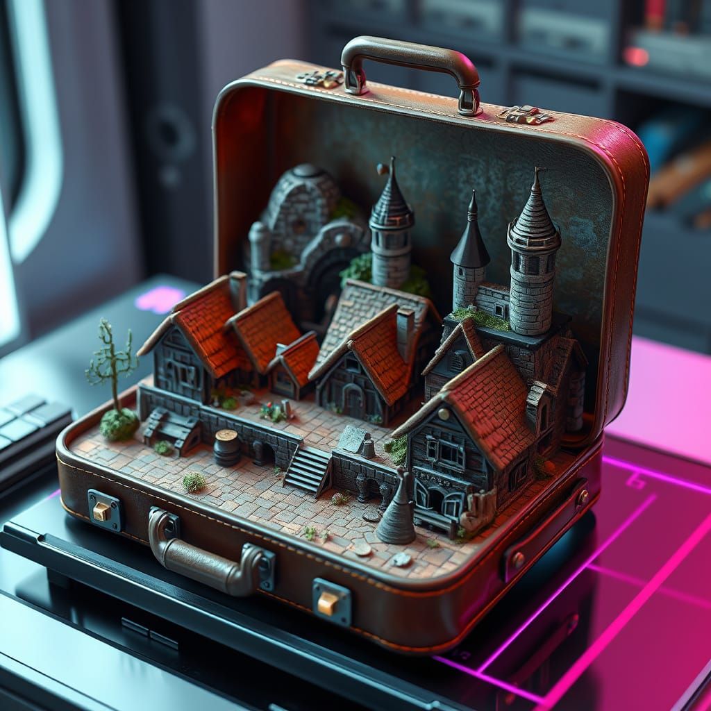 Medieval Village in Suitcase on Futuristic Desk
