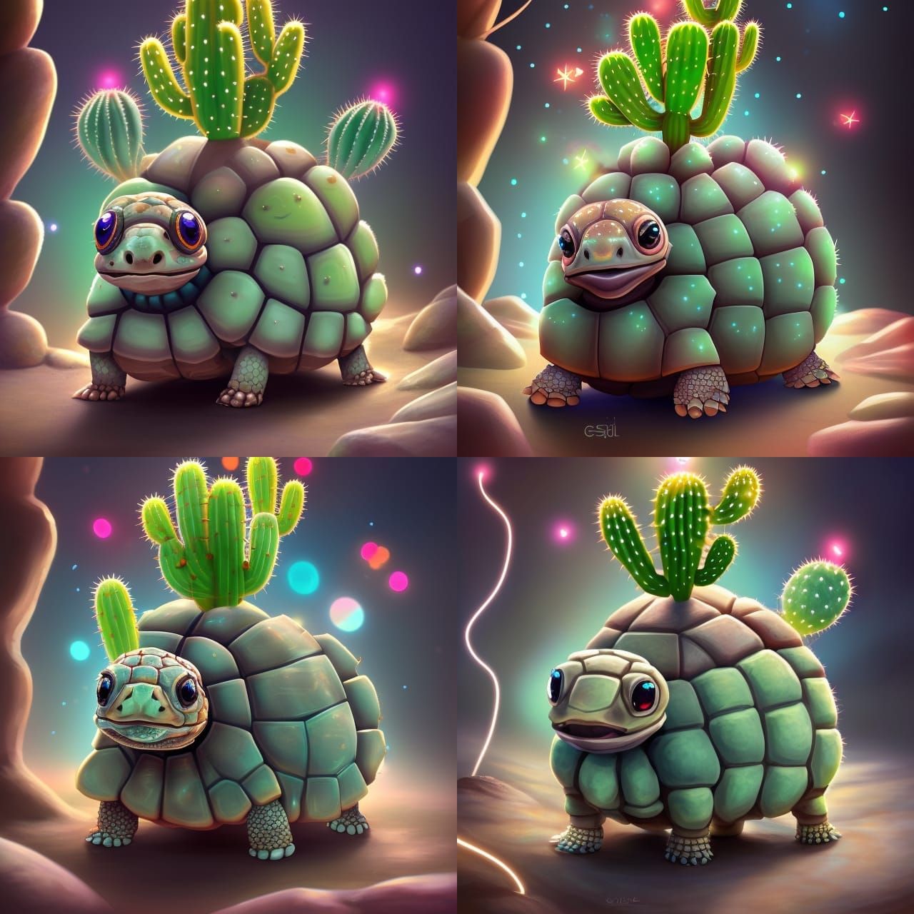 Chibi Desert Tortoise with Cactus Shell: Digital Art