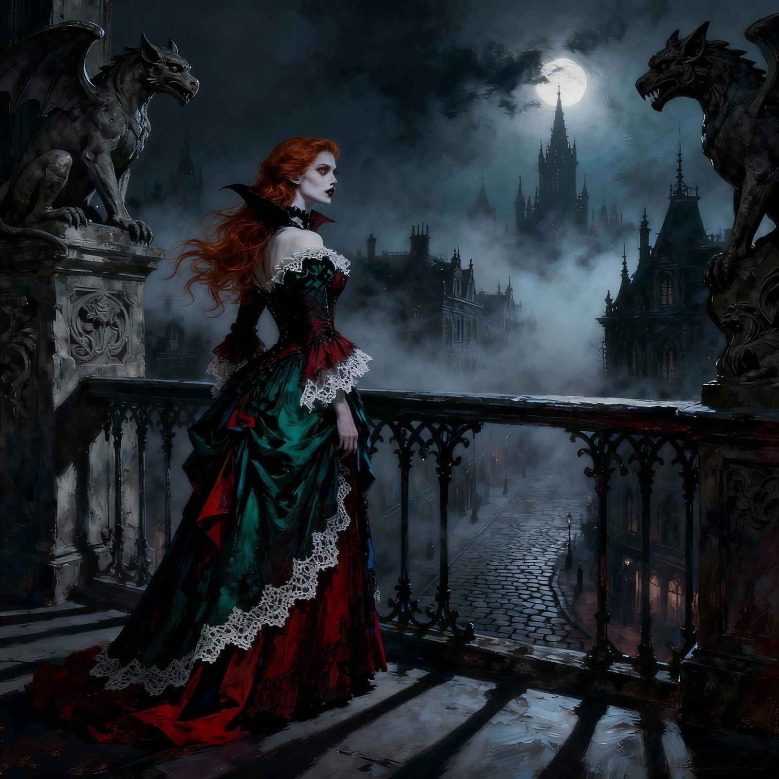 Vampire on Belle Époque Balcony Overlooking Foggy Victorian ...