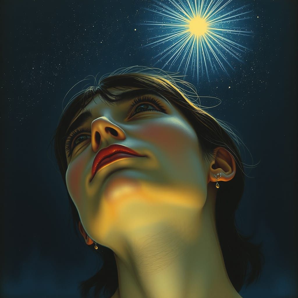 Woman Lost in Dreamy Celestial Landscape