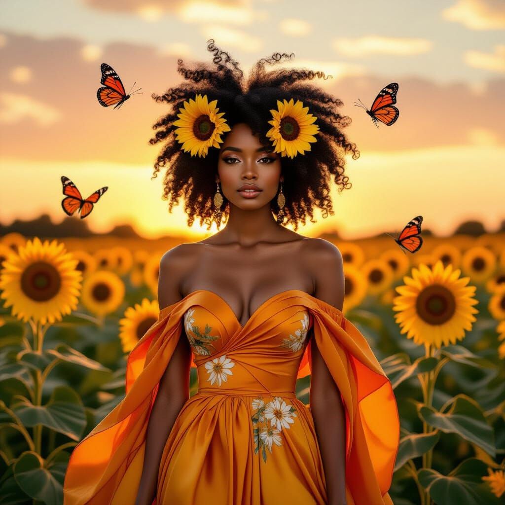 Elegant Woman with Sunflowers, Art Nouveau Style