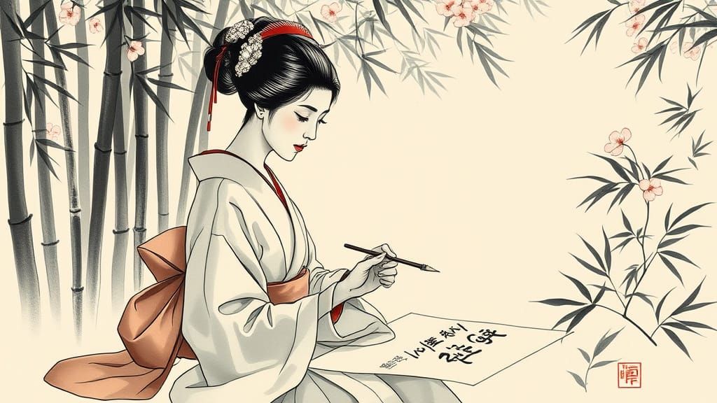 Geisha in Bamboo Garden: Sumi-e Ink Painting