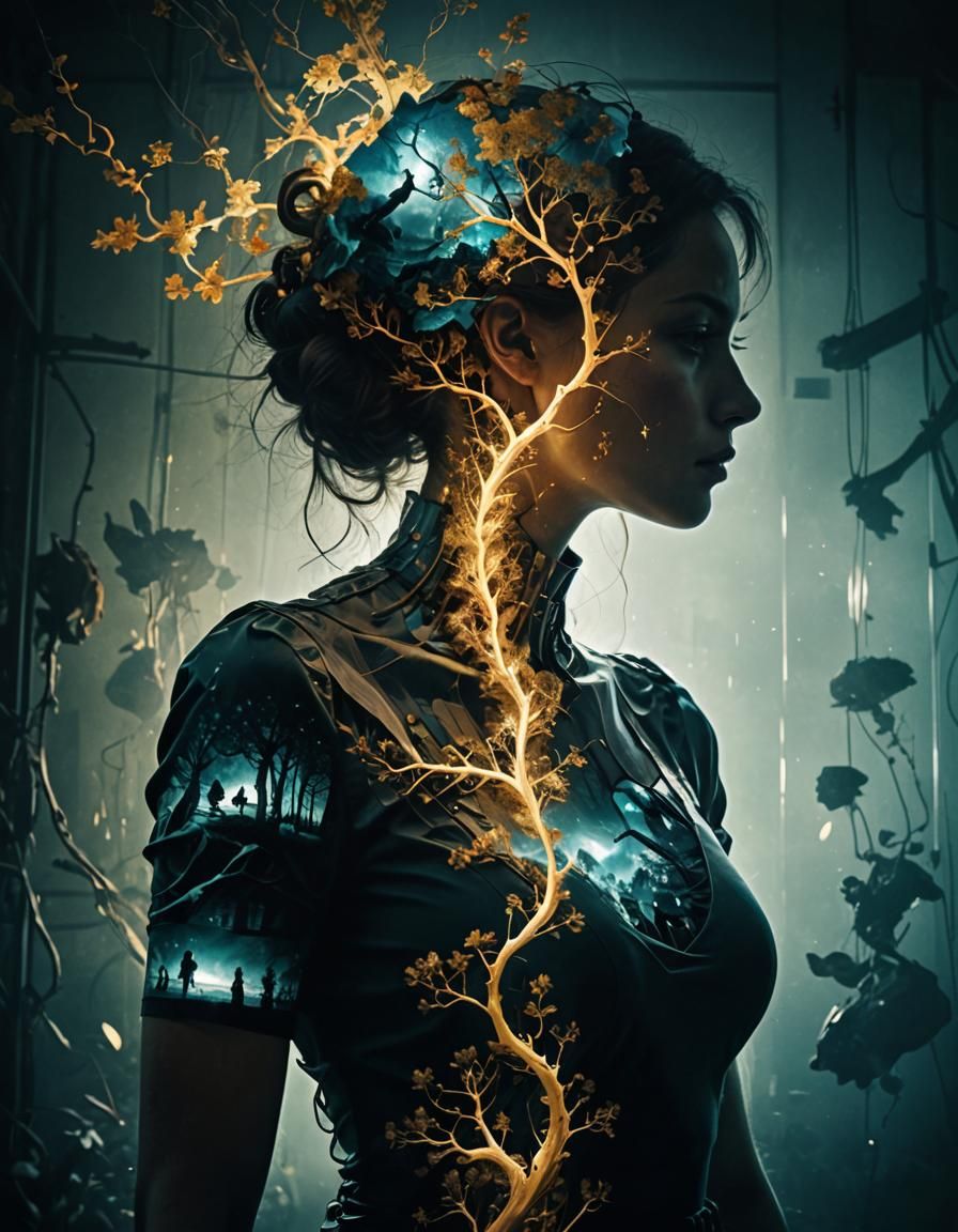 Surreal Silhouette Double Exposure in Chiaroscuro Style