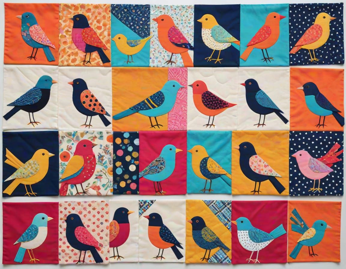 Vibrant Abstract Bird Collage in Textured Fabric Style