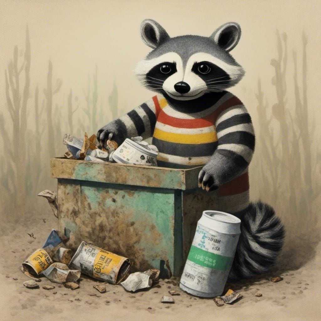 Raccoon Scavenging in Dubuffet Dolls Style