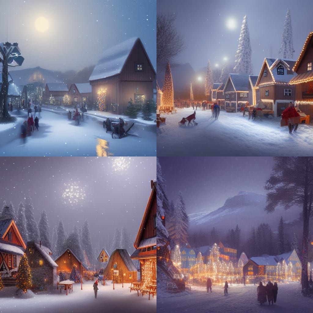 Snowy Nordic Village in Mountain, Digital Painting