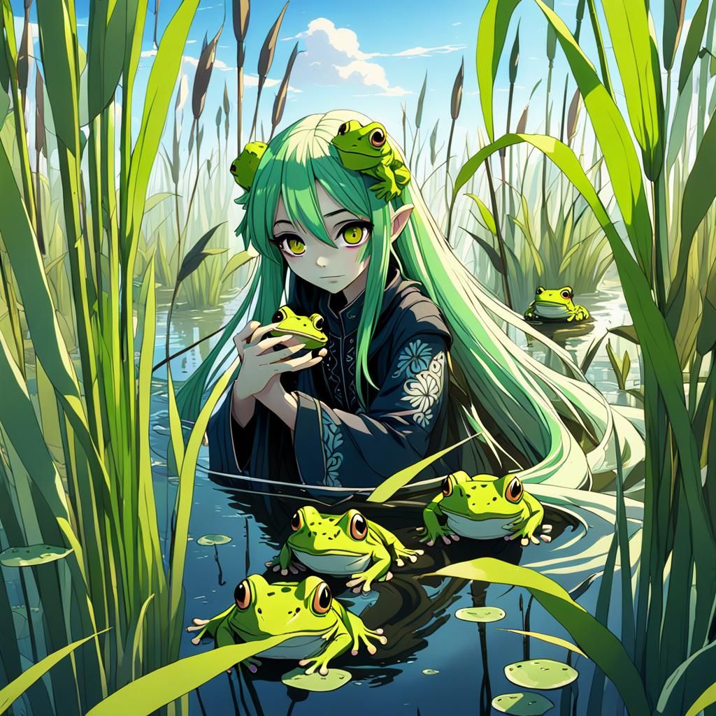 Anime Girl with Frogs: Detailed Matte Painting