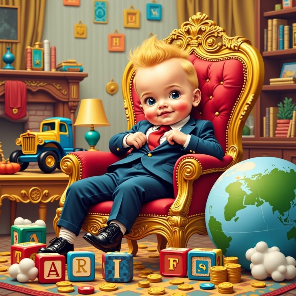 Cartoon Baby in Golden High Chair with Luxury Toys and Alpha...