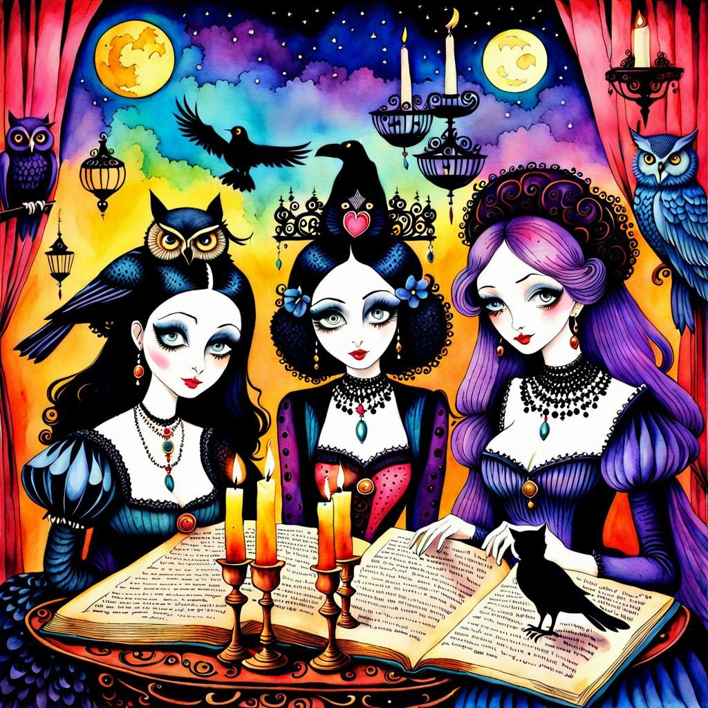 Gypsy Ladies Gossip with Cats and Ravens in Watercolor