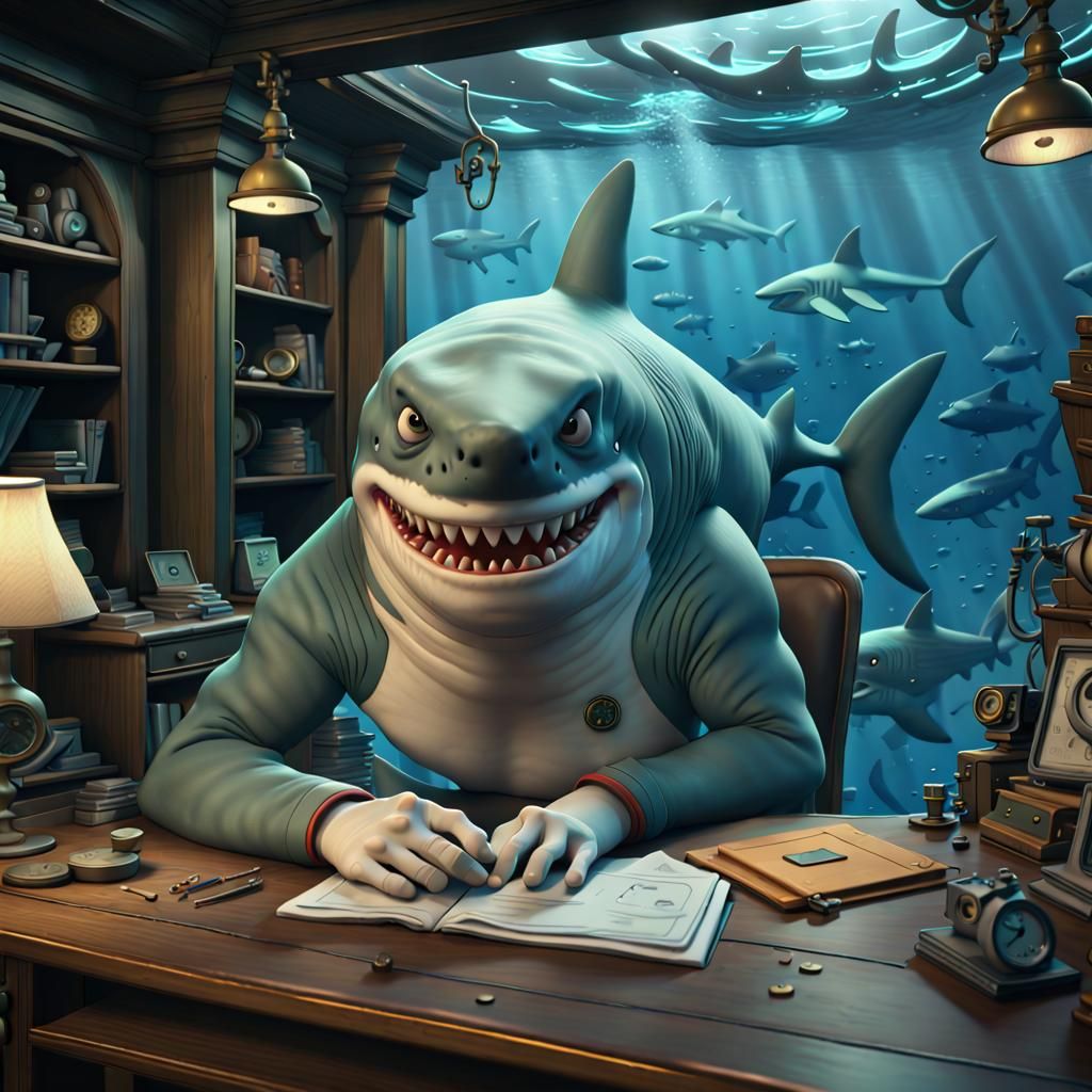 Cartoon Shark Journalist Underwater Concept Art
