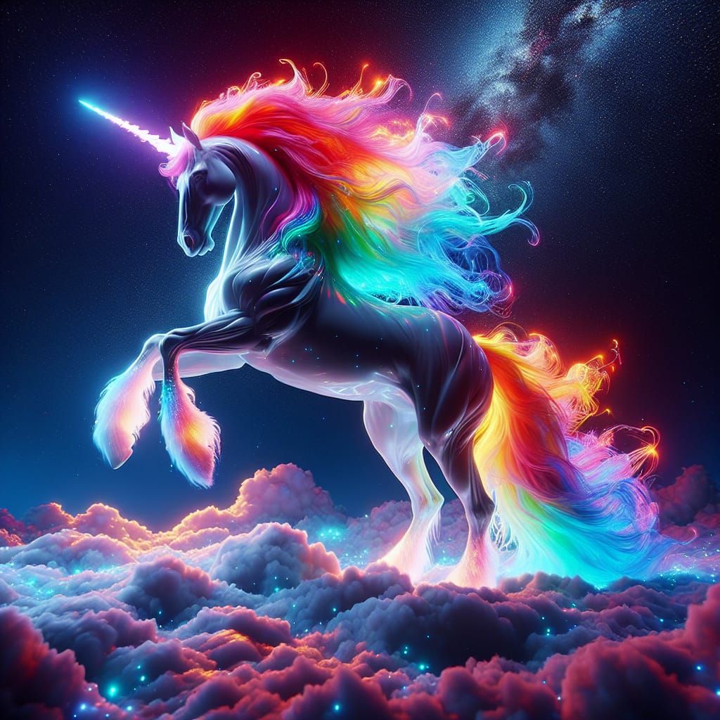 A majestic unicorn with a rainbow mane and tail, standing on a cloud and surrounded by stars :: Highly Detailed, Hyperre...