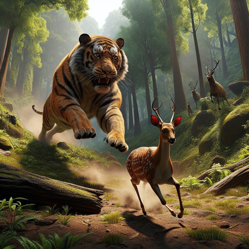 Tiger Chasing Deer Through Dense Jungle