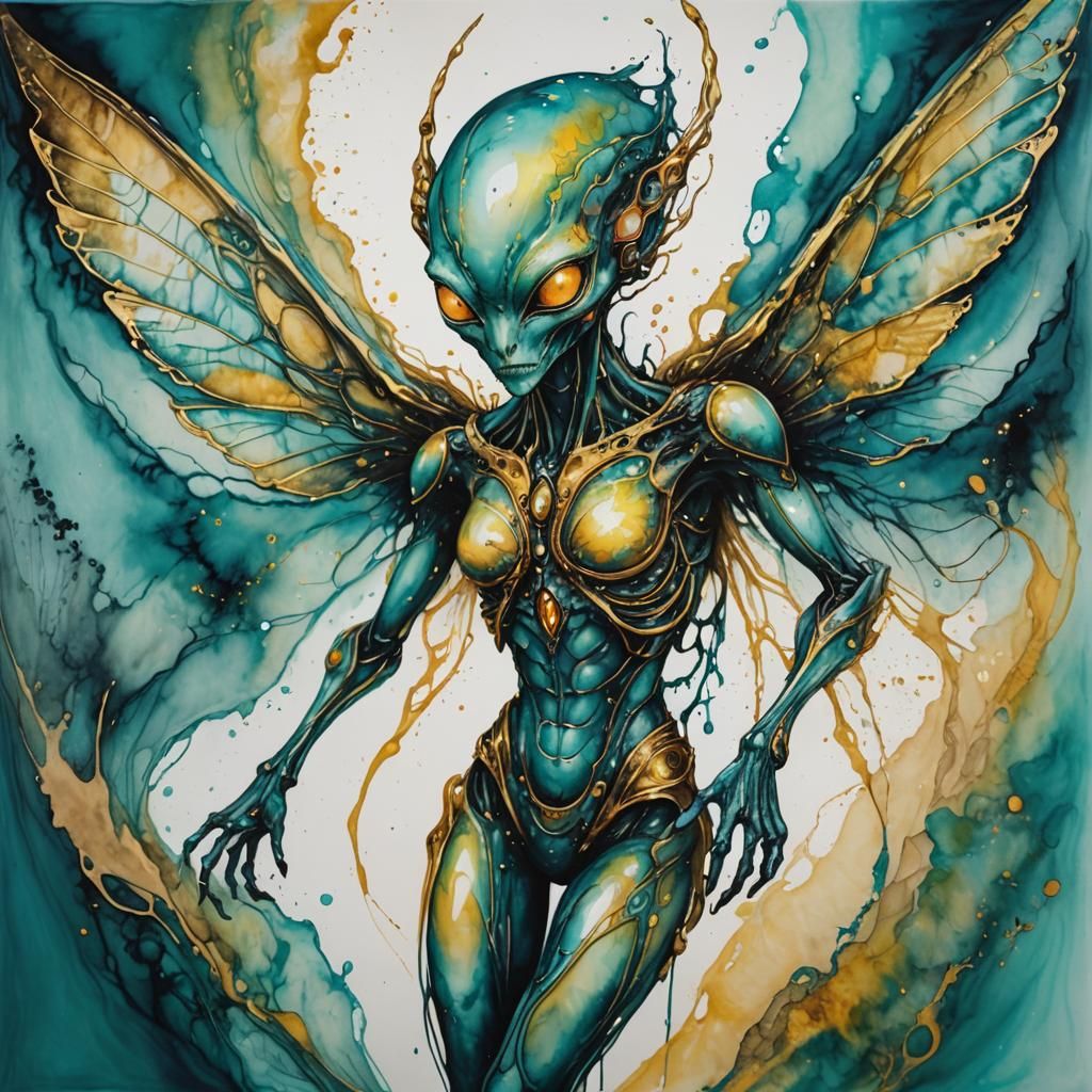Abstract Alien Transformation: Winged Beauty Emerges