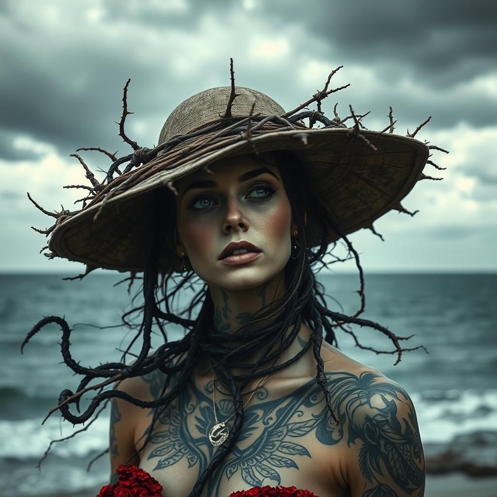 Surreal Thorny Woman with Stormy Sky and Sea