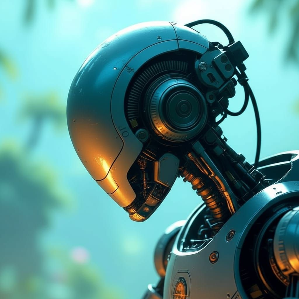 Automaton's Bioluminescent Garden: Painterly Sci-Fi Scene