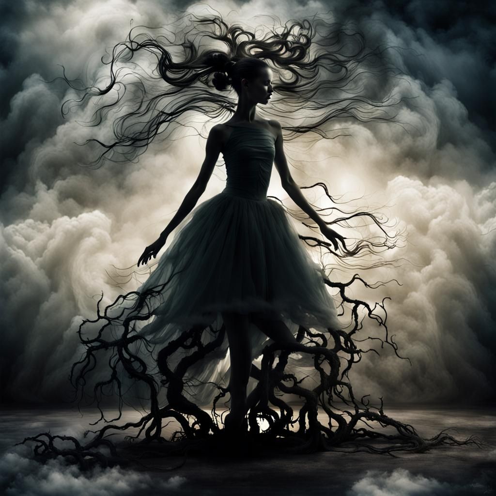 Surreal Dancers in Root Structure Cloudscape: HR Giger Style